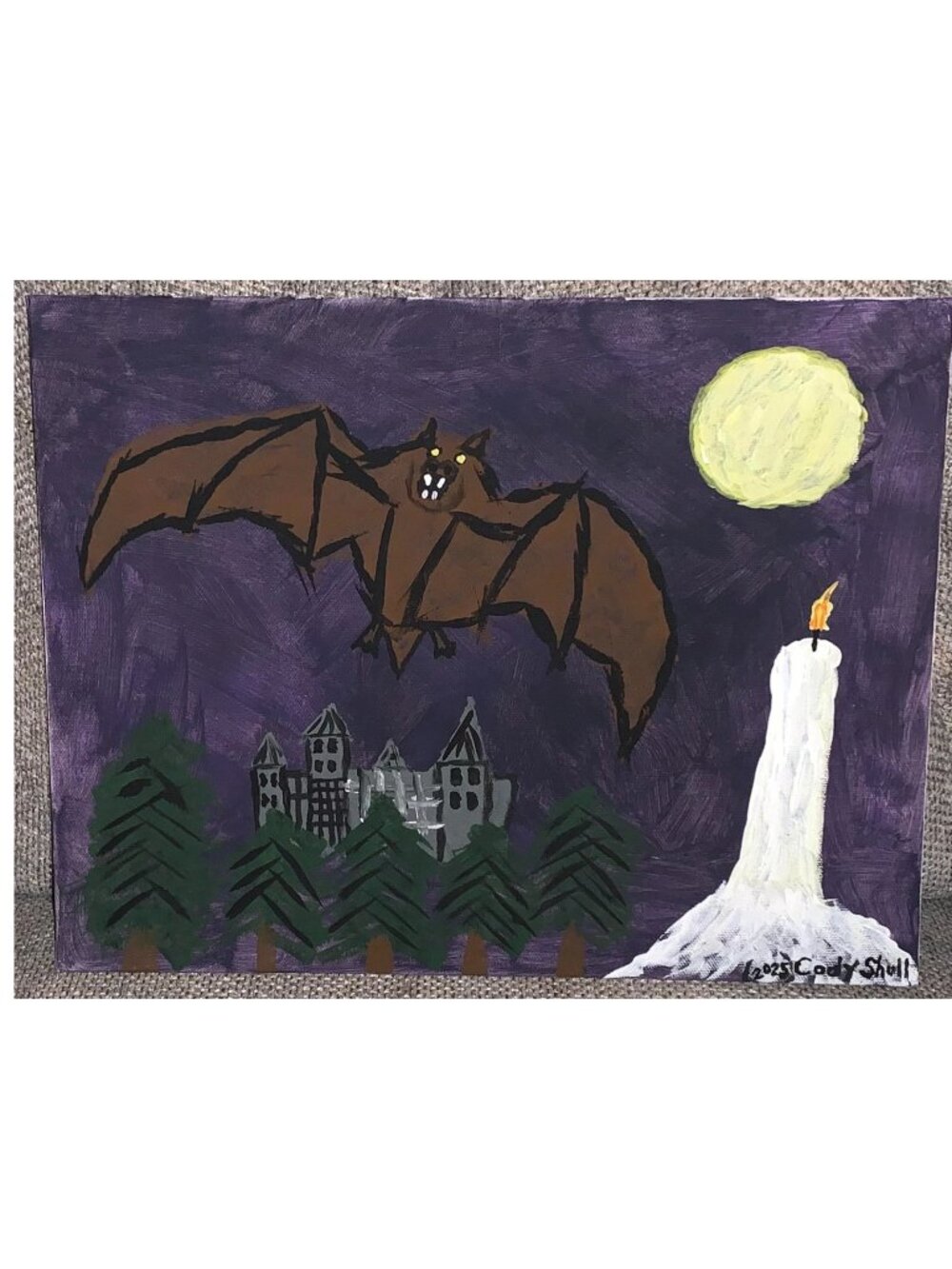 Bat in Flight Halloween Theme ORIGINAL ACRYLIC PAINTING 11x14 Outsider Art